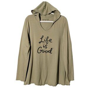 Life Is Good Womens Fatigue Green Scribble Hooded Long Sleeve Sweatshirt Tee XL